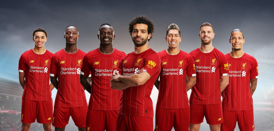 Liverpool players wearing their 19/20 Home Jersey